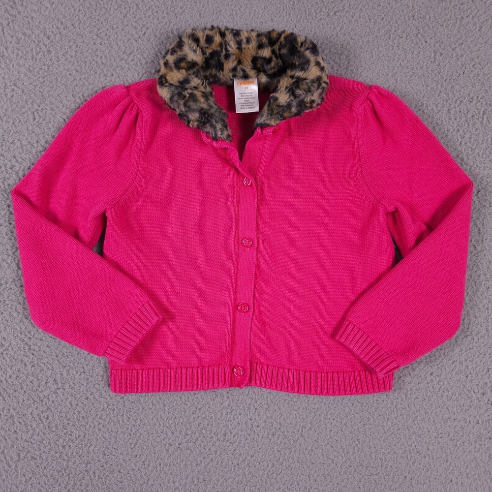 Gymboree Purrrfect in Pink Sweater Girl 5T Pink Faux Fur Leopard Collar Cardigan